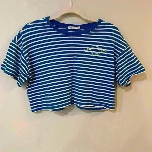 NWOT Stradivarius Blue White Striped Cropped T-Shirt Women’s Size Medium - Picture 2 of 5